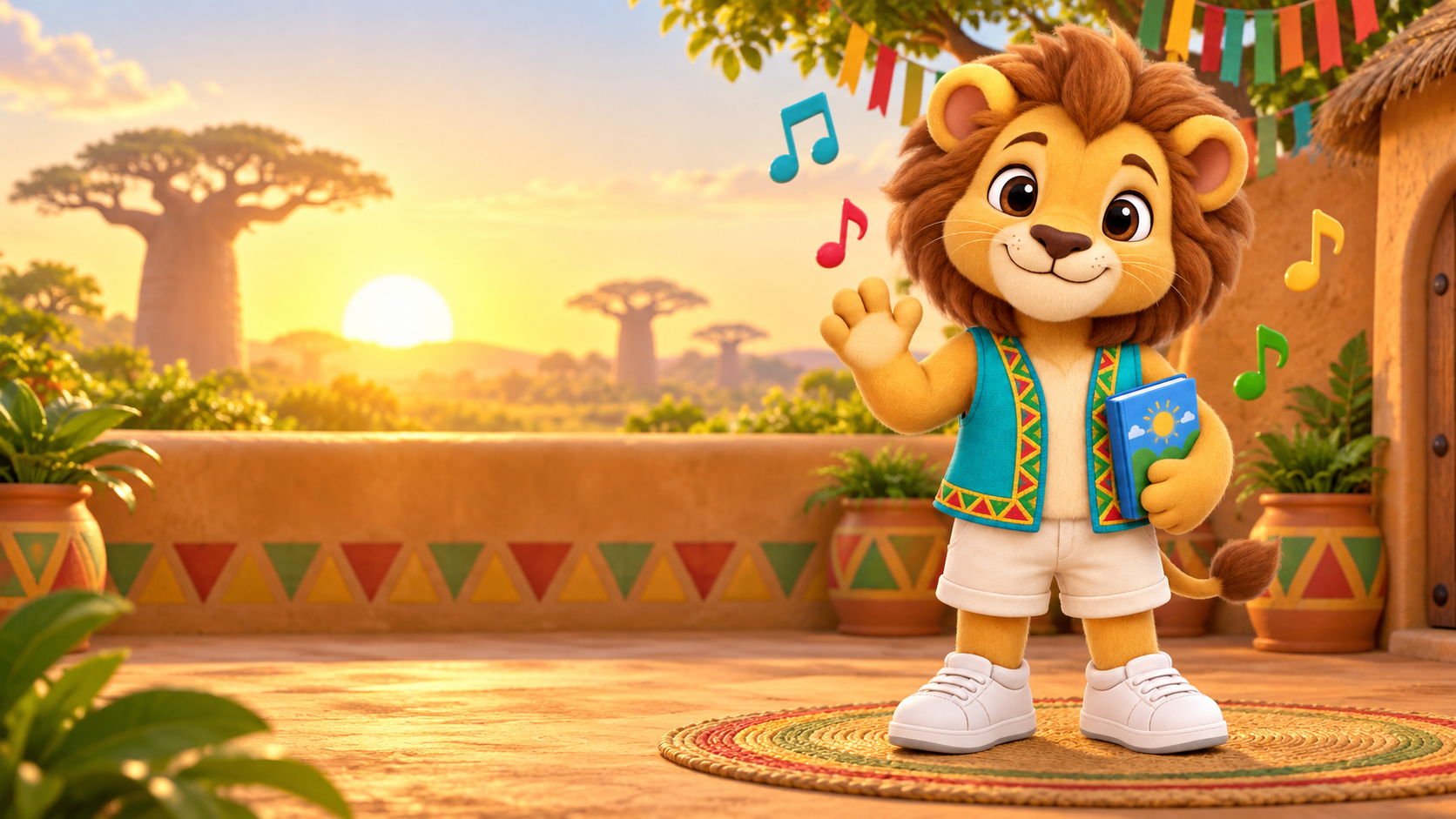 La mascotte lion de Kids Learning Afro dans son univers musical